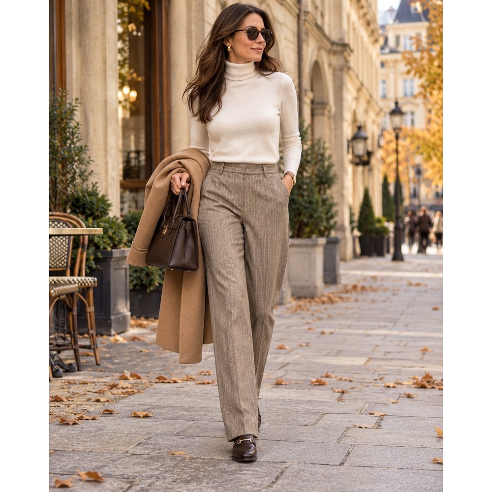 ESCADA Vintage Beige Pinstripe Pure New Wool High Rise Straight Leg Trousers, 30 - Picture 3 of 8